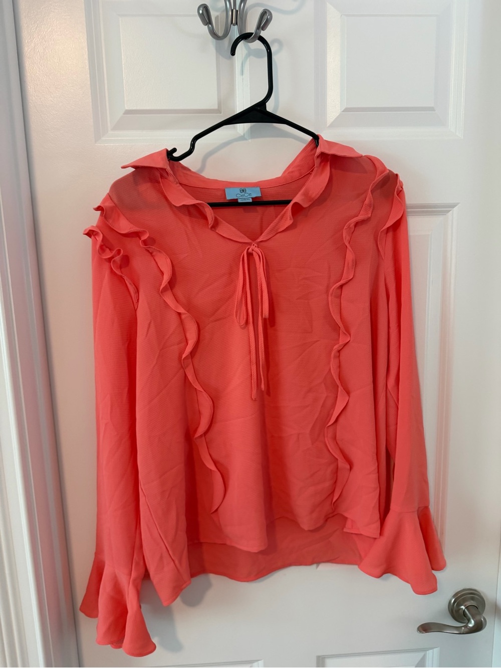 CeCe Coral Ruffle Tie-Neck Blouse